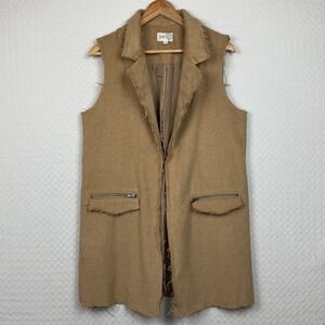 Jolt Long Vest Large Tan Open Front Zip Pocket Frayed Edges Polyester Wool Blend
